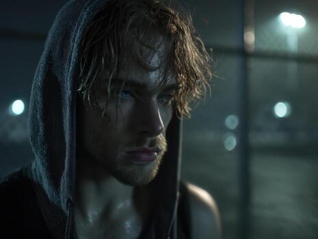 Wet-haired young man with intense gaze wears a hooded jacket, standing outdoors at night, illuminated by bright stadium lights, with a chain-link fence blurred in the background photo