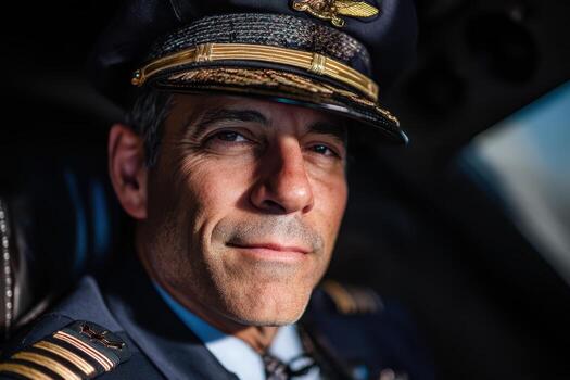 Man in uniform with a hat featuring gold insignia and braids. He has a serious expression, sitting, possibly in an aircraft cockpit, with a blue tie and epaulets on his shoulders photo