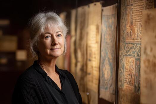 Mature woman with short white hair in a black top stands before a display of ancient manuscripts. The setting is well-lit, showcasing intricate patterns on aged documents photo