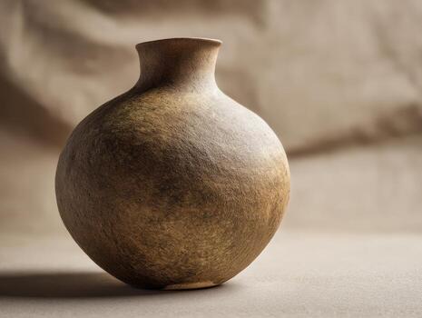 Round ceramic vase with narrow neck in earthy tones, displaying a rustic texture. The light casting from the side creates soft shadows, highlighting its smooth, curvaceous form photo