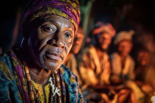 Man wearing colorful patterned attire and traditional headwrap, with beads around his neck. He looks directly at the camera, while others sit in soft focus around a warm glowing light photo