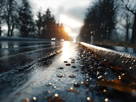 Wet road with scattered stones reflecting the bright sunset, blurred car lights in the distance. Leafless trees line the sides, droplets in the air creating a serene atmosphere photo