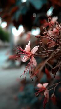Delicate pink flower with long stamens in focus, surrounded by blurred background of leaves and buds, creating a dreamy, artistic effect with soft lighting and a serene atmosphere photo