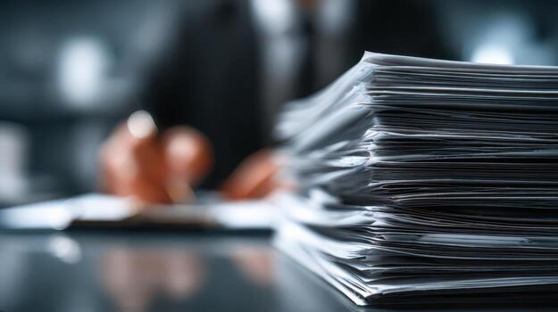 Stack of documents on glossy surface, person in formal attire writing in background. Focus on paper, blurred background enhances depth. Atmosphere suggests work, office, paperwork photo