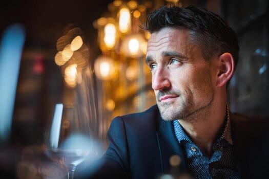 A man gazes thoughtfully to the side, with soft focus warm lighting reflecting behind. He wears a dark blazer and patterned shirt. The atmosphere is cozy and introspective photo