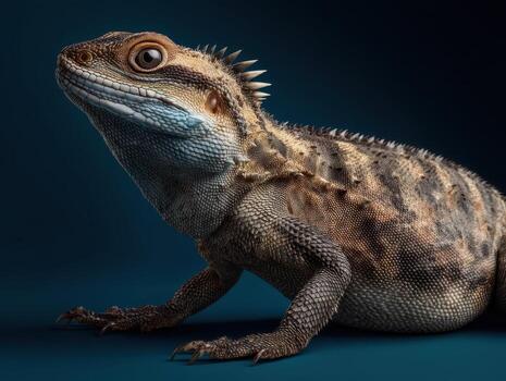 A close-up of a lizard with textured scales in shades of brown and blue, displaying a spiky crest on its back and a focused gaze, set against a dark backdrop photo