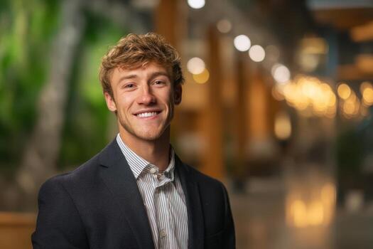 Smiling young man wearing a dark blazer and striped shirt stands in a warmly lit indoor setting with blurred lights and greenery in the background, exuding a confident and approachable demeanor photo