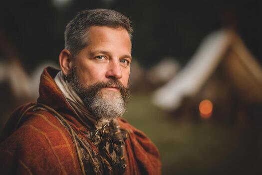 de edad mediana hombre con gris barba y Bigote vistiendo histórico traje, mirando atentamente a cámara. antecedentes muestra borroso carpas y calentar ambiente Encendiendo, creando un nostálgico atmósfera foto