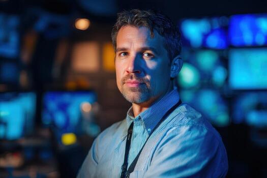 Male figure in a blue shirt is illuminated by bluish light, standing confidently in a control or server room. Monitors with abstract patterns create a high-tech, futuristic vibe photo