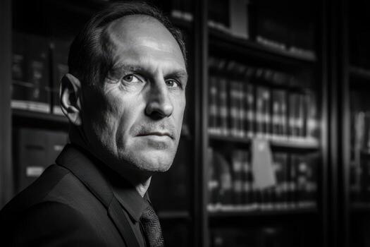 Serious man in a suit stands in a library with numerous books on wooden shelves behind him, captured in black and white. He gazes intensely at the camera, creating a dramatic mood photo