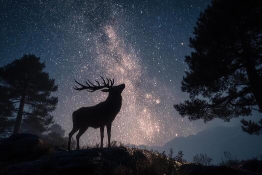 Silhouette of a majestic stag with large antlers stands against a backdrop of a shimmering starry night sky, framed by tall trees. A dense cluster of stars creates a glowing effect photo