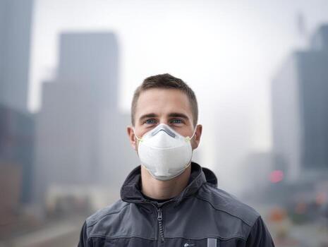 Young man wears protective face mask, standing on a city street enveloped in fog or pollution, urban setting. He looks directly at the camera, wearing a dark jacket in soft focus photo