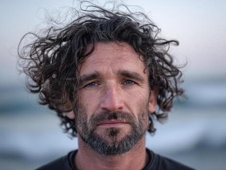 Disheveled curly-haired man with a serious expression looking directly at the camera. He has a beard and wears a plain dark shirt. Background is soft-focus and neutral photo