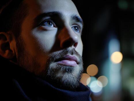 A man with a beard looks upwards, illuminated by soft light in a night setting. Bokeh lights form a blurred background, enhancing the contemplative mood with their warm glow photo