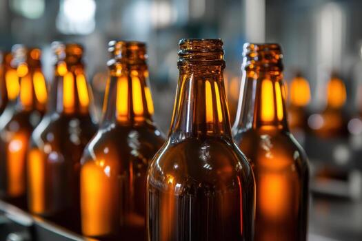 Brown glass bottles line up on a conveyor belt in a brewery setting, their translucent surfaces reflecting warm light. The scene captures an industrial process, focusing on bottle production photo