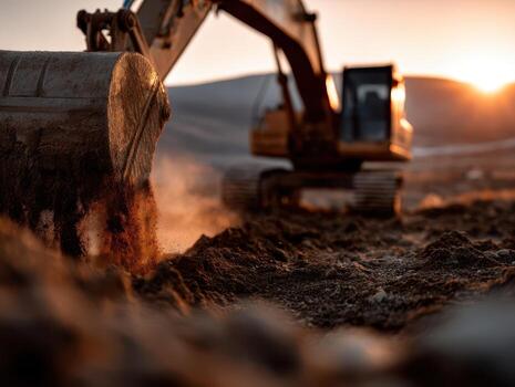 Large excavator digging soil at a construction site during sunset. The machine's metal arm and bucket are visible, lifting dirt. Dust rises around, creating an atmospheric scene photo