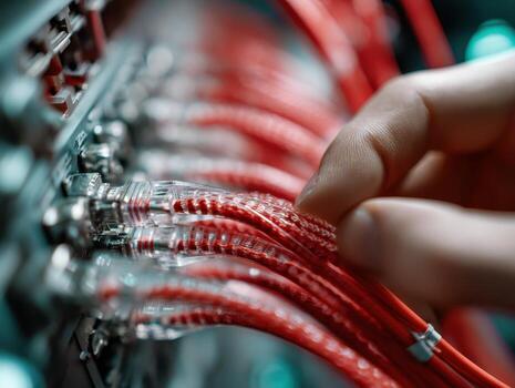 Close-up of a hand connecting or adjusting a series of red network cables plugged into a server, showcasing the intricate details and clear plastic connectors in a server room photo