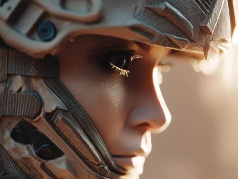 A focused close-up of a person's face wearing a futuristic helmet, with intricate textures and patterns. The sunlight creates a dramatic highlight on their skin and equipment photo