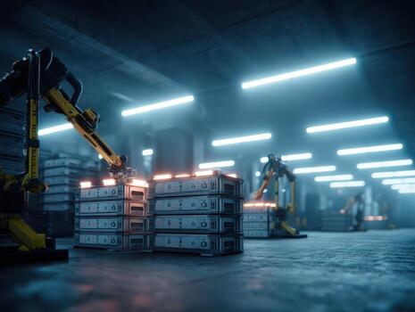 Robotic arms work in a dimly lit modern warehouse, stacking metallic boxes. The futuristic setting is illuminated by neon lights, creating an industrial and high-tech atmosphere photo