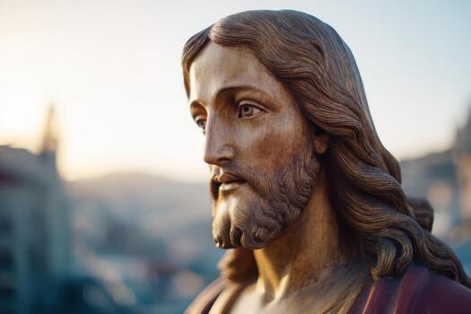 Sculpture of a serene man with long hair and a beard, gazing into the distance. Soft focus background adds depth, highlighting the detailed features and craftsmanship of the statue photo