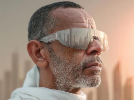 Older man wearing reflective futuristic glasses with a reflection of a city skyline. He has a thoughtful expression. Background features silhouettes of tall buildings in soft focus photo