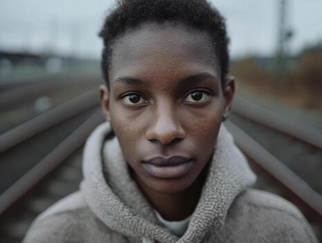 Portrait of a person in a neutral expression wearing a textured hoodie, standing on railway tracks on a cloudy day, with blurred background creating a depth-of-field effect photo