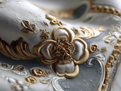 Elegant and detailed golden floral embroidery on luxurious fabric. Intricate textures and ornate patterns create a sense of sophistication and high-quality craftsmanship. No text present photo