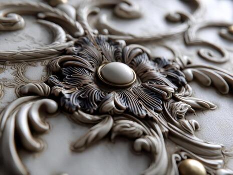 Intricate floral carving with ornate detailing in shades of brown and cream. Central circular feature surrounded by leaf-like patterns and smooth flowing curves, exuding elegance and craftsmanship photo