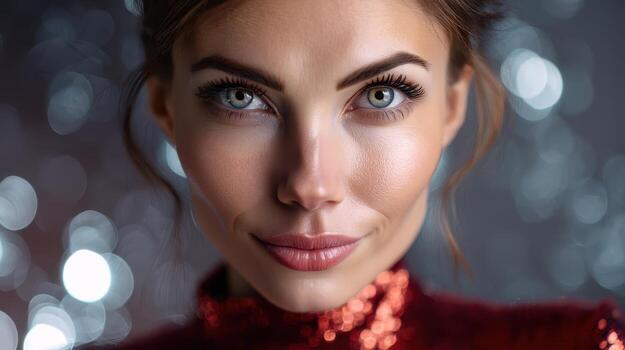 Close-up portrait of a person with striking blue eyes, styled brown hair, wearing a red sequined top. The background consists of blurred silver and white bokeh lights photo