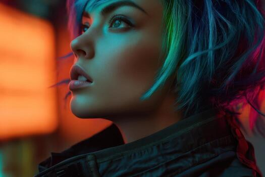 A person with vibrant multi-colored hair gazes upwards, illuminated by soft, warm light. A jacket with a high collar enhances the edgy look, while the background glows warmly in soft focus photo