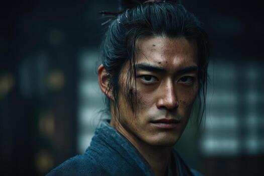 Intense expression of a man with long hair tied back, wearing traditional attire. The focused gaze and dim lighting suggest a serious mood, creating a dramatic and somber atmosphere photo