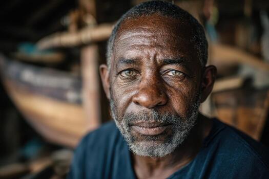 Elderly man with a gray beard looks directly at the camera, set against a softly blurred background with earthy tones. He wears a dark shirt, giving a sense of calm and wisdom photo
