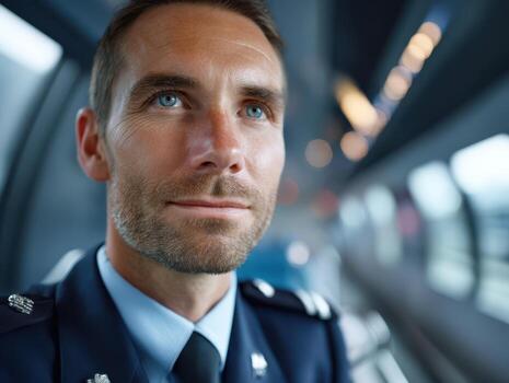 Smiling man in formal uniform with epaulettes, short hair, and blue eyes inside a train or bus, soft lighting. Blurred background of seats, windows showing motion photo