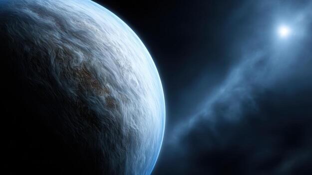 A celestial body with swirling clouds and a vibrant atmosphere in space, positioned against a dark backdrop, illuminated by a distant bright star emitting light and rays in the distance photo