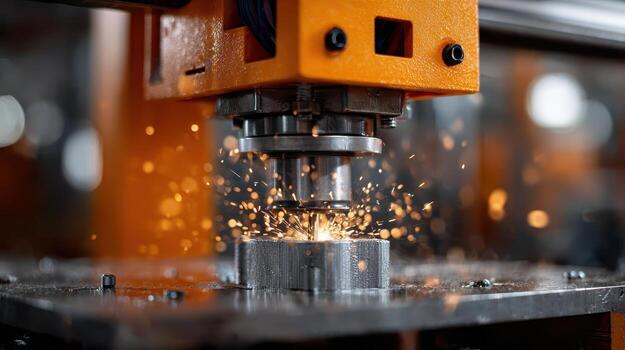 Metalworking machine in action, with precision tool drilling into shiny metal, creating vivid sparks. Orange machine and blurred background emphasize industrial environment photo