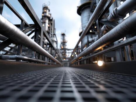 Industrial scene with complex network of steel pipes and metal grid flooring, leading towards blurred large distillation towers in background, lit by bright artificial lights near dusk photo