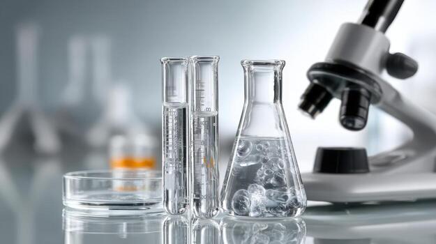 Laboratory scene with test tubes, flasks containing clear liquid and a microscope. Glassware is arranged on a reflective surface, with soft-focus background bokeh effect photo