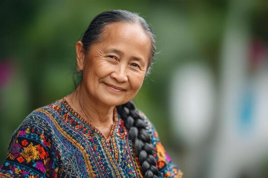 A woman with long braided hair smiles warmly, wearing a colorful embroidered garment with intricate patterns. The background is softly blurred, drawing focus to her joyful expression photo