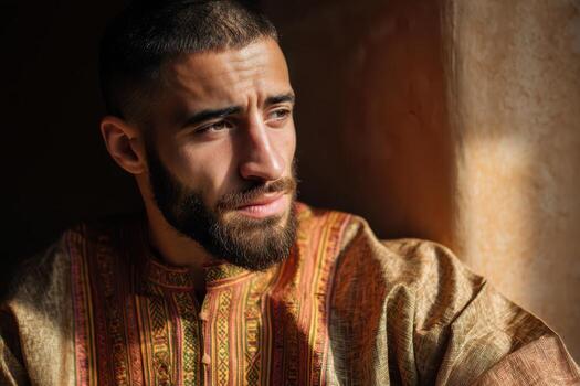 A contemplative man with a well-groomed beard gazes outside, wearing a colorful, ornate robe featuring intricate patterns. Soft light highlights his thoughtful expression photo
