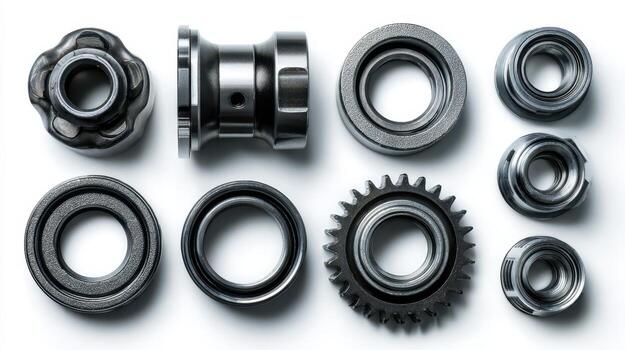 Assorted metallic gears and components of various shapes and sizes arranged in a neatly spaced pattern, showcasing intricate details and textures, reflecting light for dramatic effect photo