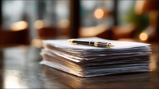 A stack of white papers neatly arranged on a wooden table with a pen on top, captured in soft natural lighting, with a blurred background indicating a modern indoor setting photo