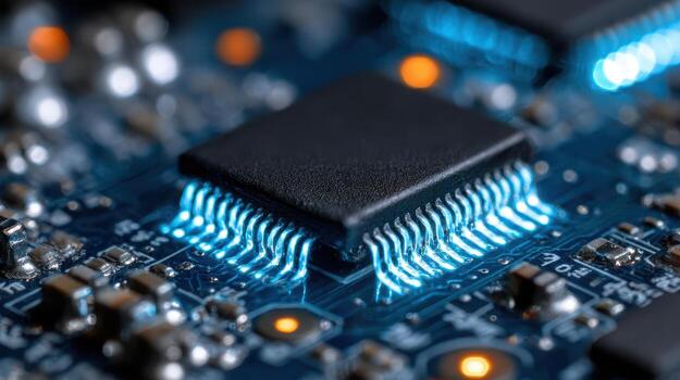 Close-up of a circuit board with a central microchip surrounded by blue glowing lines, showing intricate metallic connections. Nearby small components and an orange light are visible photo