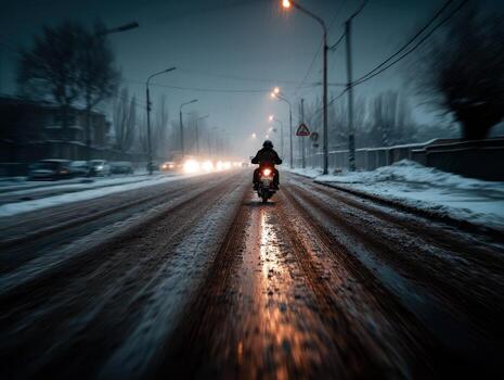 Motorcycle travels on a snowy, wet urban road at night, streetlights illuminating the path, creating reflections on the wet surface, cars in the distance, and leafless trees lining the street photo