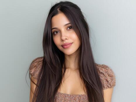 Young woman with long dark hair, wearing a patterned blouse and looking at the camera with a serene expression, set against a neutral background photo