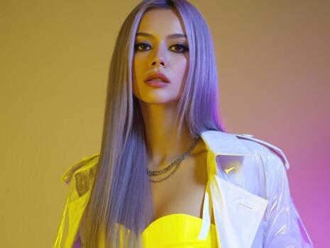 Young woman with long lavender hair stands confidently in front of a gradient background, wearing a yellow strapless top and a translucent jacket, exuding a bold, avant-garde style photo
