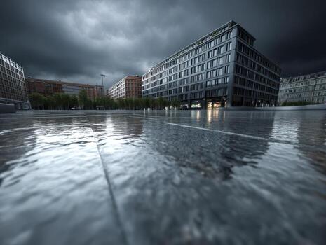 Wet pavement reflecting modern buildings under a moody, overcast sky the perspective is low, emphasizing the textures of the ground and dramatic clouds, with trees lining the street photo