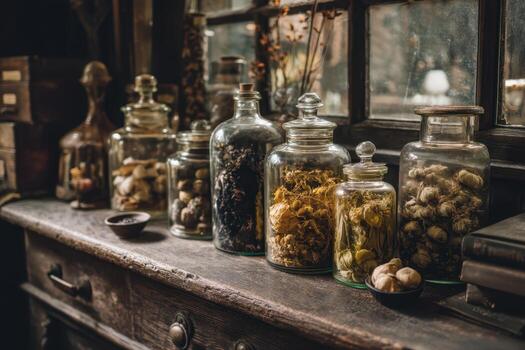 Jars filled with dried herbs and flowers on a rustic wooden table, illuminated by soft light from a nearby window, creating a warm, antique atmosphere with vintage decor elements visible photo
