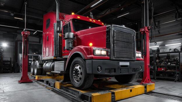 Red semi-truck parked in a large garage with elevated platforms on sides. The setting features industrial lighting and visible equipment, highlighting the vehicle's front grille and wheels photo