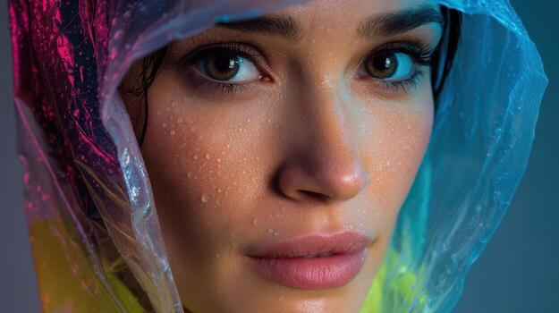 Close-up of a person with light eyes, wearing a translucent raincoat. Droplets of water are visible on their face, adding a refreshing look. Soft colored lighting highlights features photo