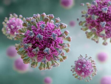 Microscopic close-up of a colorful virus particle with a vibrant, detailed structure, featuring pink, purple, and green spikes, set against a blurred gray background with soft focus photo
